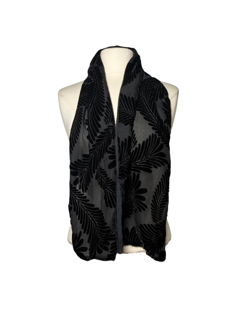 Black Velvet Burnout Botanical Leaf Design Scarf Lightweight Sheer Witchy Goth